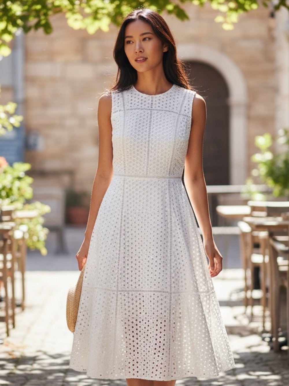 Ann Taylor Light Gray Eyelet Midi Dress